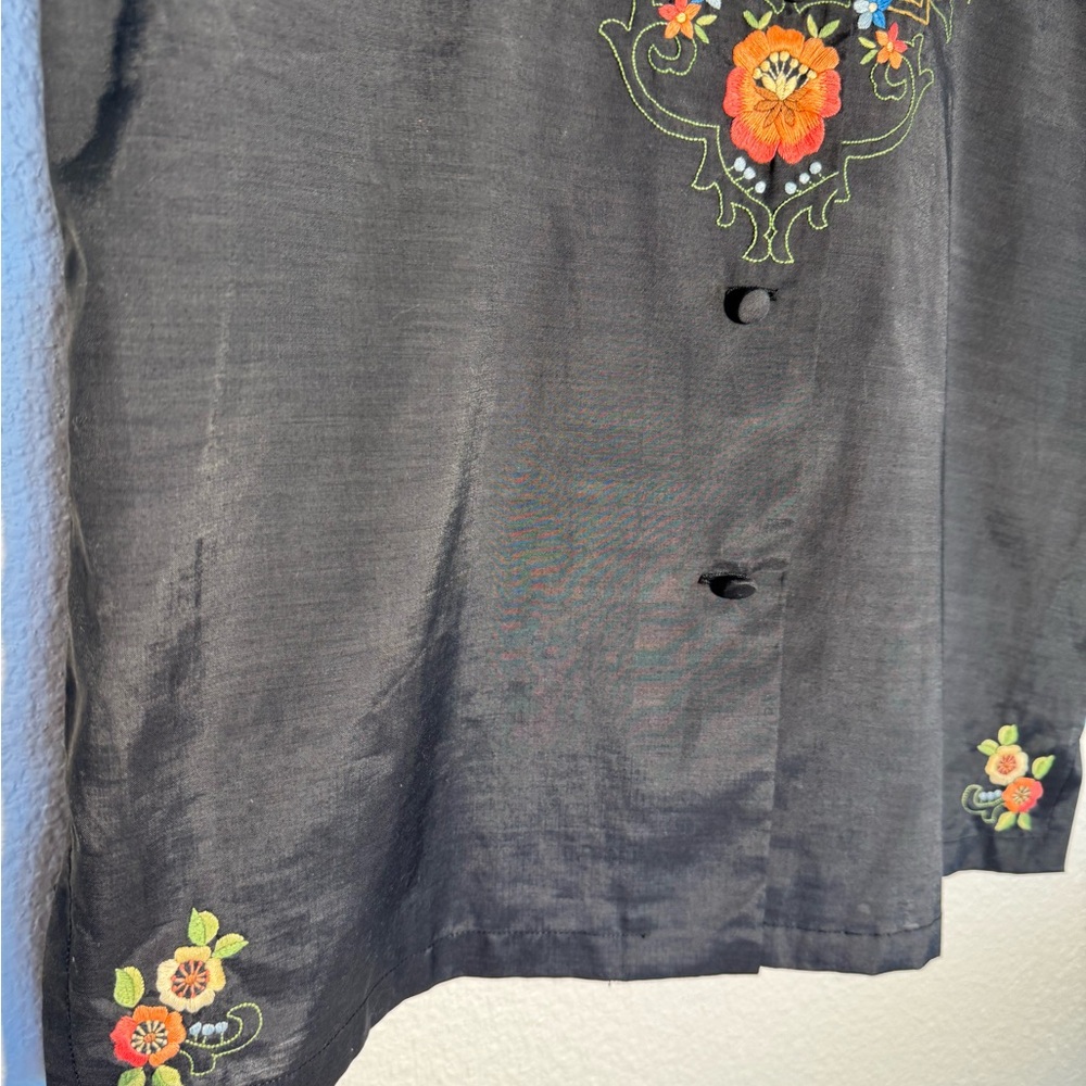 Women’s Vintage Floral Embroidered Black Button- Front Top by Daffodil - Picture 4 of 12